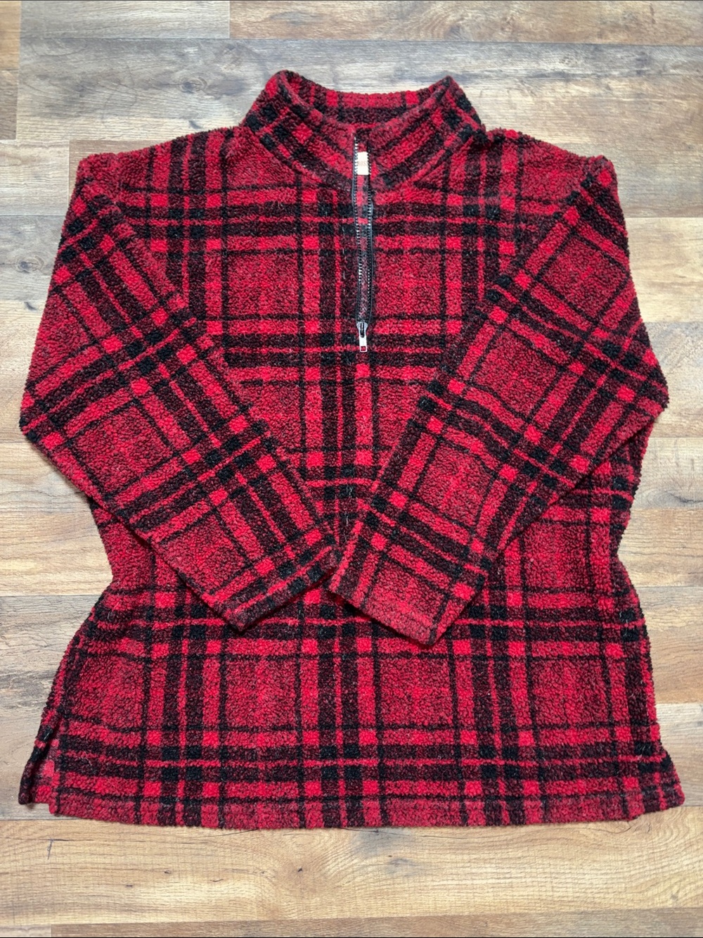 Women's Red Plaid Teddy Half-Zip Jacket size Large
